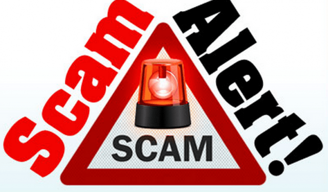 Graphic with the words SCAM ALERT around a red triangle and a emergency red light.