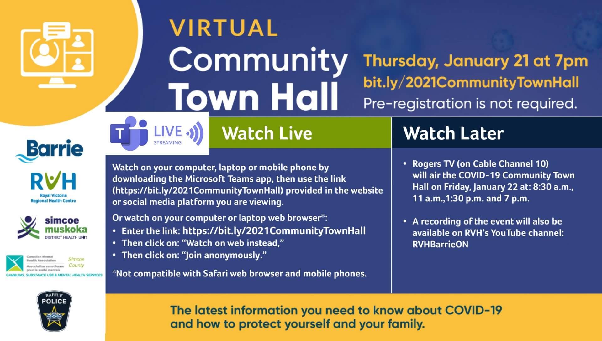Graphic Explaining how to view COVID Town Hall meeting. Please call 705-728-9090 ext. 41610
